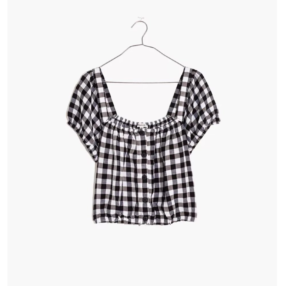 Madewell Linen Blend Puff Sleeve Button Front Crop Top in Gingham Check - Picture 1 of 8